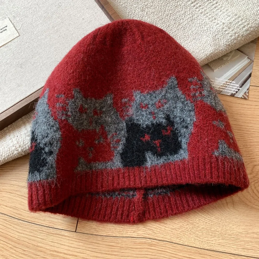 

Модная теплая вязаная шапка с жаккардовым узором в стиле Fair Isle, ретро-шапка-бини с корейским принтом, зимняя вязаная шапка