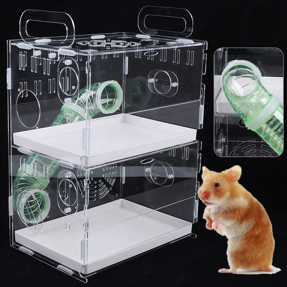 

Hamster Cage with 2 Tiers, Clear and Green Acrylic, Portable Handles, Practical Retainer Bar for Teeth Grinding, Comfortable