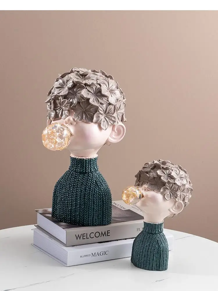 Resin Figure Ornaments Boy Bubble Gum Handicraft Furnishings Cartoons Sweater Children Modern Home Decoration Children's Room