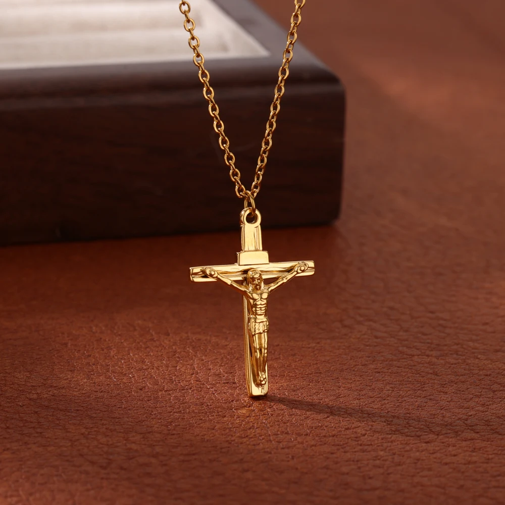 Stainless Steel Jesus Cross Necklace For Women Men Ethnicity Religion Gold Color Necklaces Angels Crucifix Christmas Jewelry