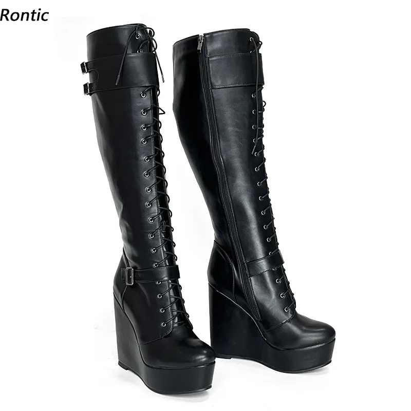 Rontic Handmade Women Winter Knee Boots Stiff Faux Leather Wedges Heels Round Toe Classic Black Party Shoes Ladies US Size 5-20