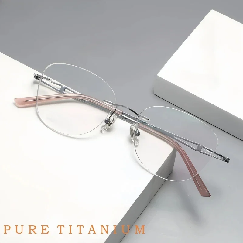 

Cat Eye Rimless Glasses Women Retro Round Optical Prescription Eyeglasses Ultra-light Pure Titanium Fashion Myopia Frame 6089