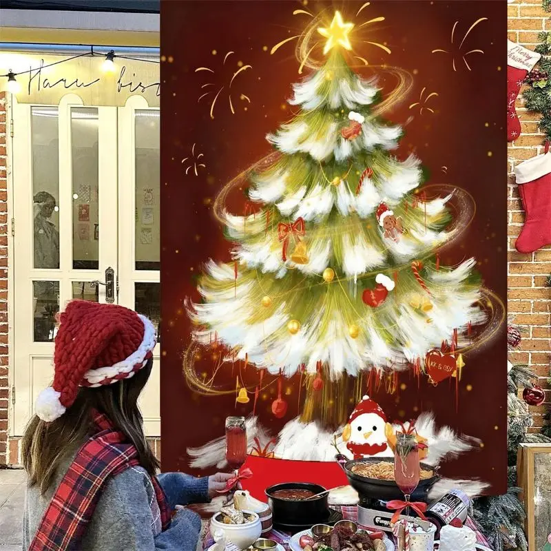 VIKAMA Wall Tapestry Golden Glow Merry Christmas Tree Star Snowflake Black Wall Hanging Dorm Room Aesthetic Xmas Wall Art
