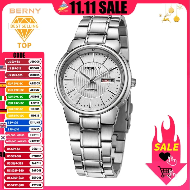 

BERNY Luxury Men Mechanical Watches Japan BERNY 8205 Solid Steel Strap Complete Calendar Waterproof Automatic Wristwatches