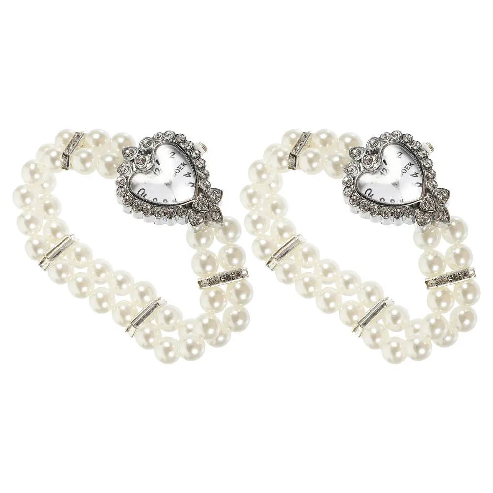 

2 Pcs Bracelet Watch Elegant Watches for Women Cute Crystal Band Decorative Double Row Pearl Bling