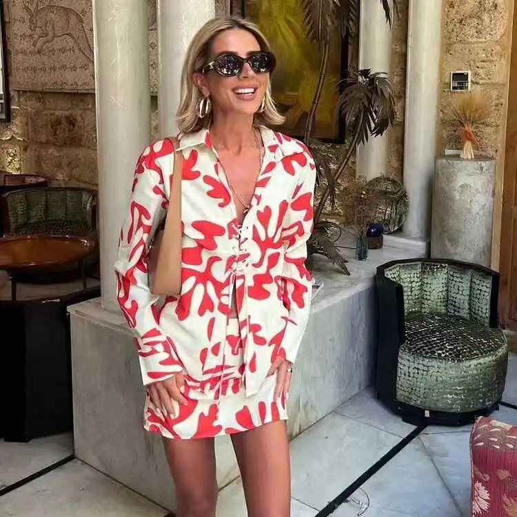 

Loose Printed irt f Skirt Set Summer Faion Women's Clothing Long Sve Button up Casual Outfit Two Piece Set