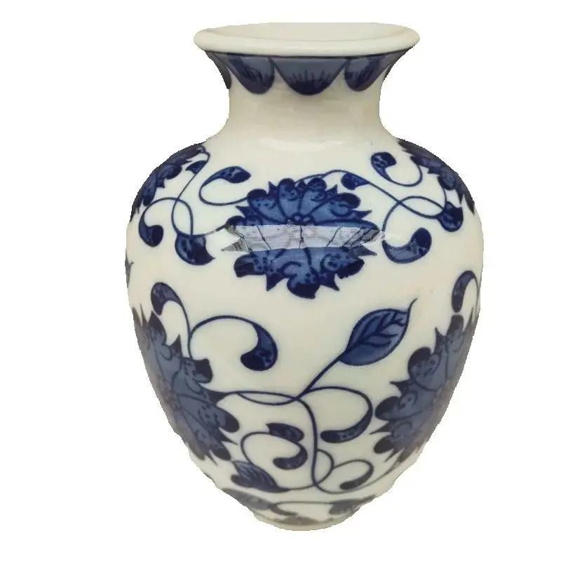 China Old Porcelain Small Necked Vase Blue And White Entangled Lotus Pattern Traditional Decorative Floorstanding Artwork
