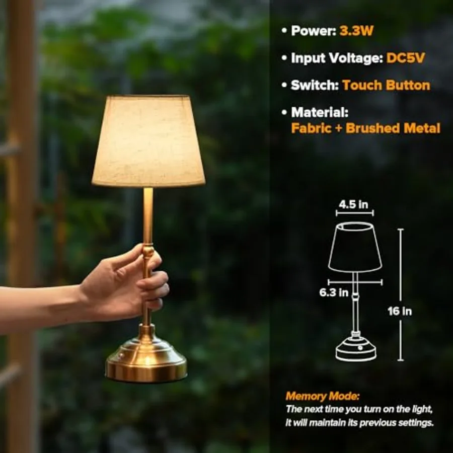 Cordless Table Lamp, Rechargeable Desk Lamp with Fabric Shade, Battery Operated 3 Color Stepless Dimming, Small Touch Bedside L view 6