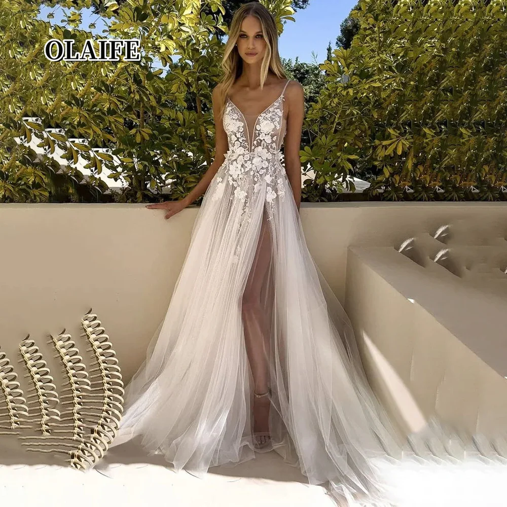 Deep V-Neck Wedding Dress Spaghetti Straps 3D Lace Appliques Sexy Gown Backless High Side Split Bride Vestido De Noiva