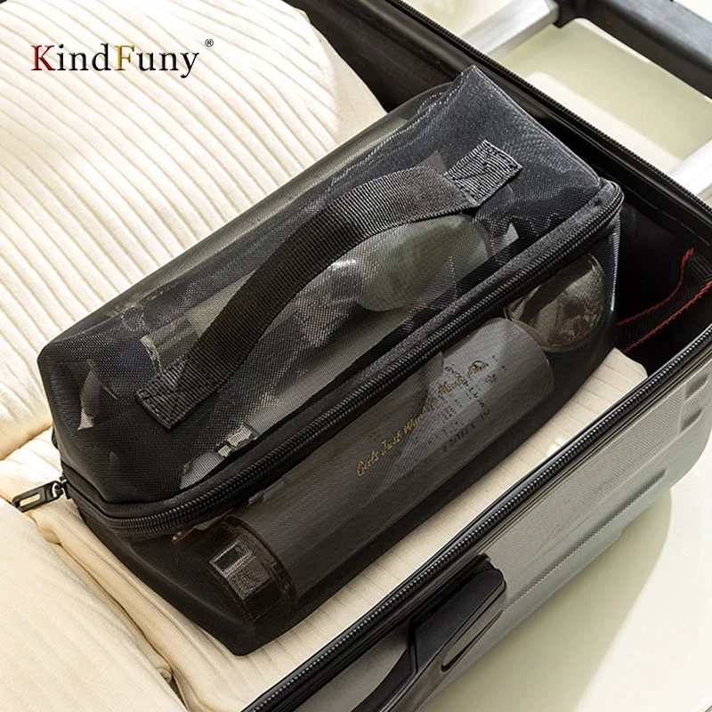 KindFuny Large Mesh Makeup Bag Foldable Transparent Women Cosmetics Separate Wash Bag Underwear Organization Storage Bag Travel