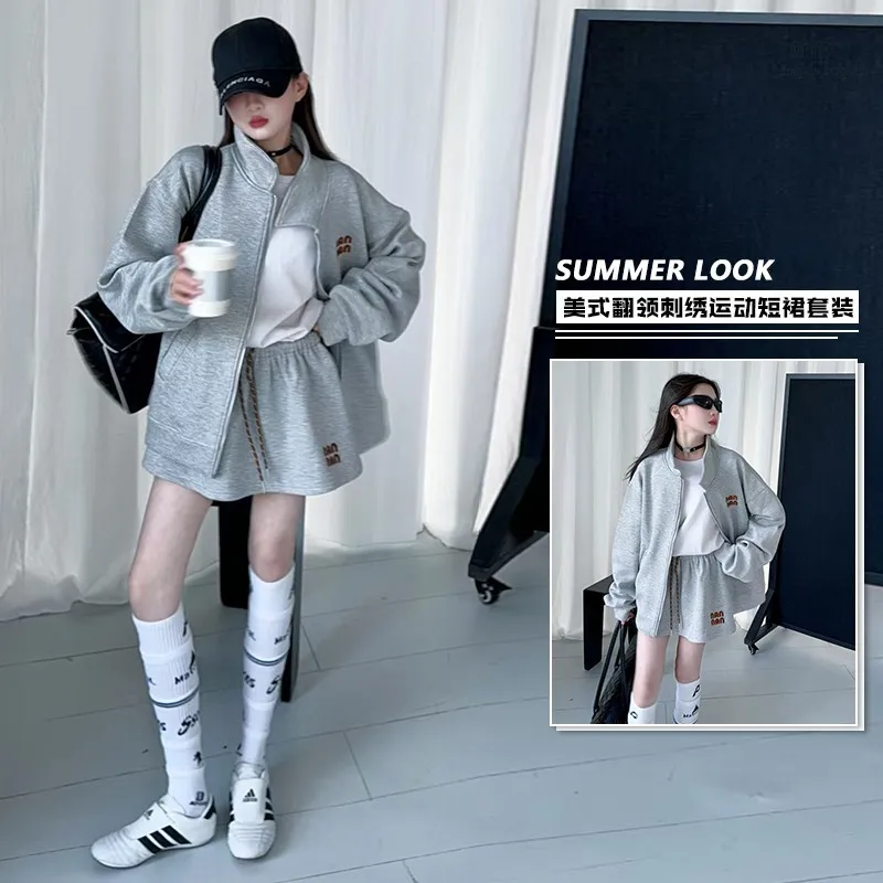 مجموعة ملابس الخريف للفتيات لعام 2025 سترة بقلنسوة رمادية للمراهقين سترة علوية وفستان تنورة صغيرة بطيات 4 5 10 11 12 14 سنة #6