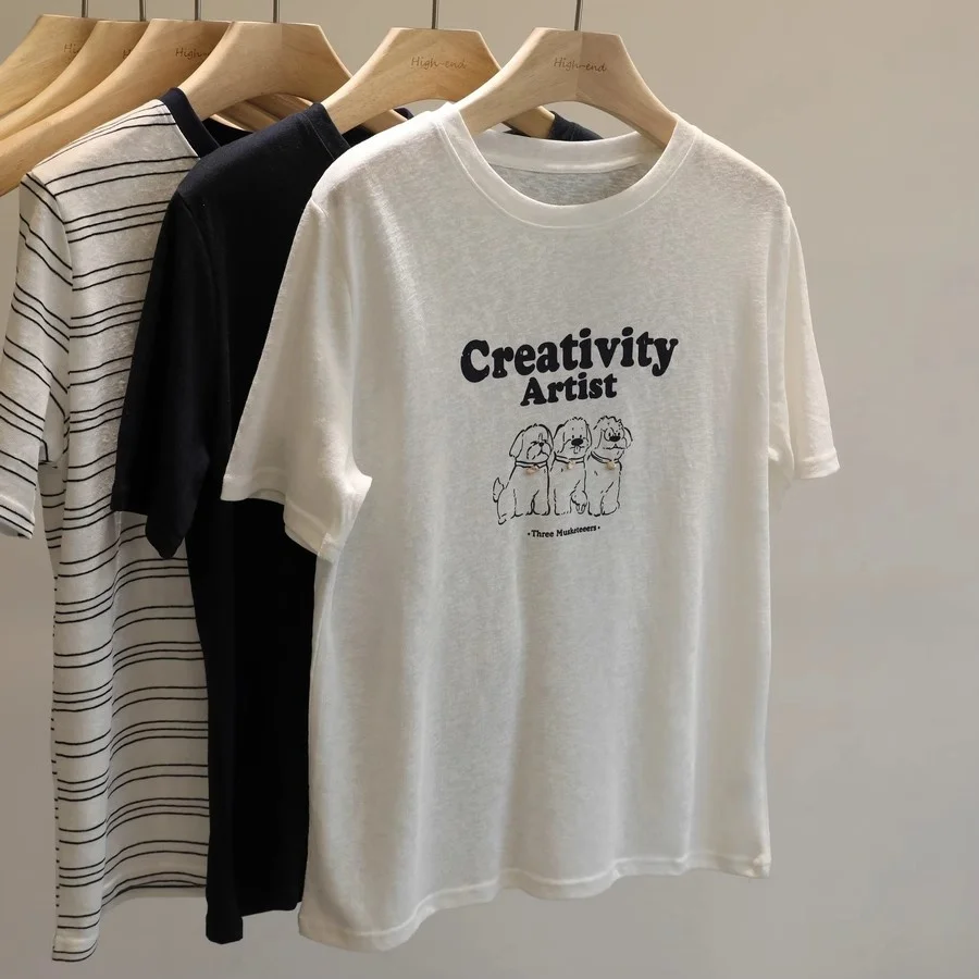 대형 사이즈 300 푸 한국 슬레 만화 프린트 여성용 여름 신상 편안하고 통기성 좋은 노화 방지 탑