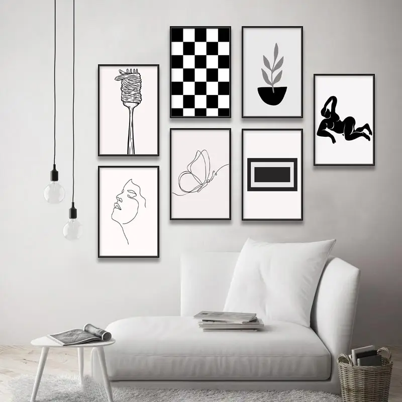 

Black and White Grid Colour Block Wall Art Nordic Line Portrait Canvas Painting Matisse Flower Poster Bedroom Decoration