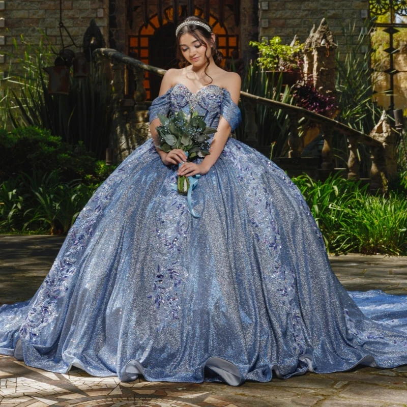 

Sea Blue Blue Shiny Quinceanera Dresses Off The Shoulder Sequin Applique Lace Beading Crystal Tull Corset Party Birthday Sweet
