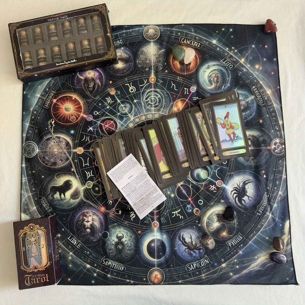Tarot Card Set 1 Deck of 78 Cards Mini Crystal Vessels 7 Chakra Stones Tablecloth Pendant Storage Bag for Divination Enthusiasts