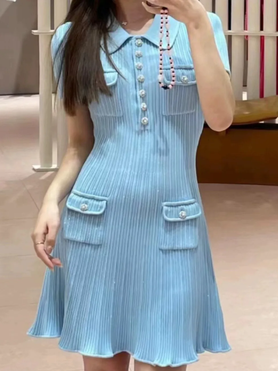 

2025 Spring New Knitted Women Sequins Mini Dress Short Sleeve Turn Down Collar Ruffles Hem