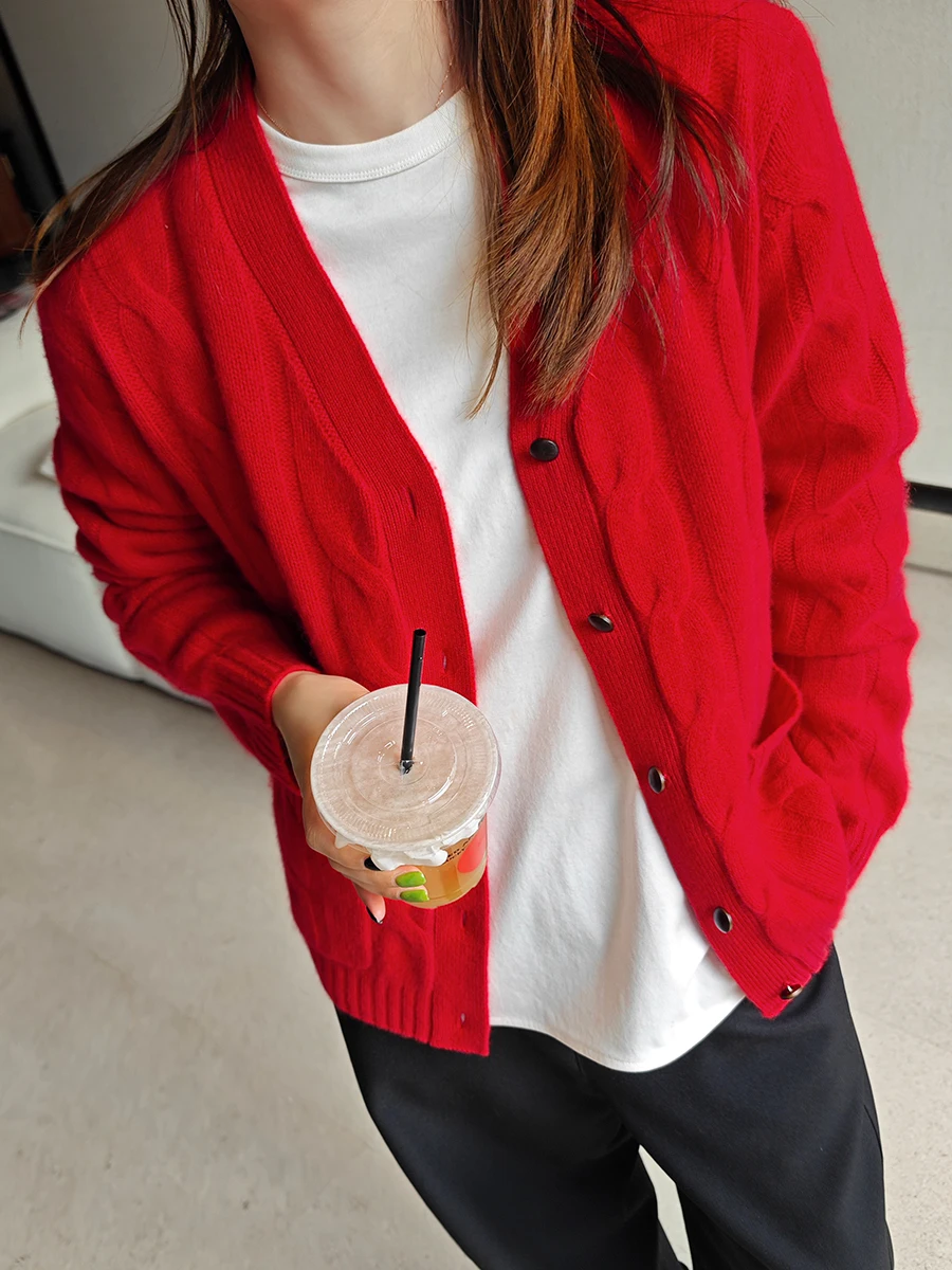 

00 Pure Camere Cardigan Warm Cozy Vintage Twist Knitted Outerwear Ele V-ne Thiened Long Sve Regular Fit