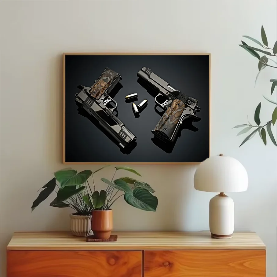 M1911 Pistol Wall Art Canvas Print Two Handguns Bullets Black Background Home Decor Poster Living Room Bedroom