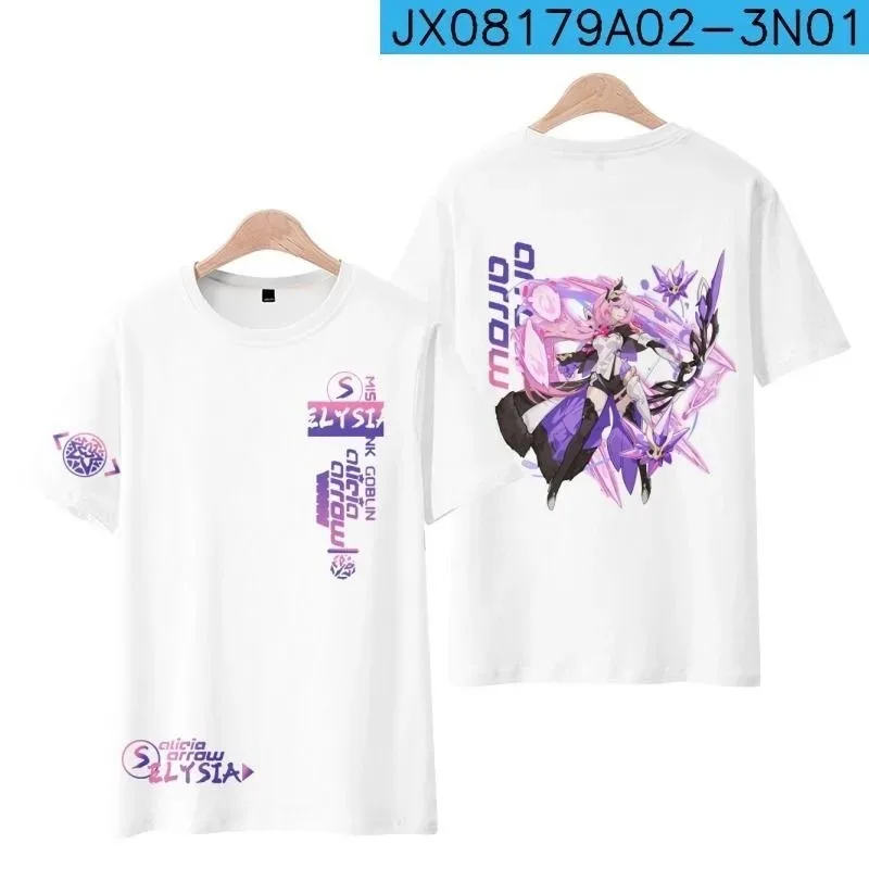 Honkai Impact 3 Elysia 3D T-Shirt z nadrukiem, okrągły dekolt, krótki rękaw, popularna gra Streetwear, moda letnia, Plus rozmiar