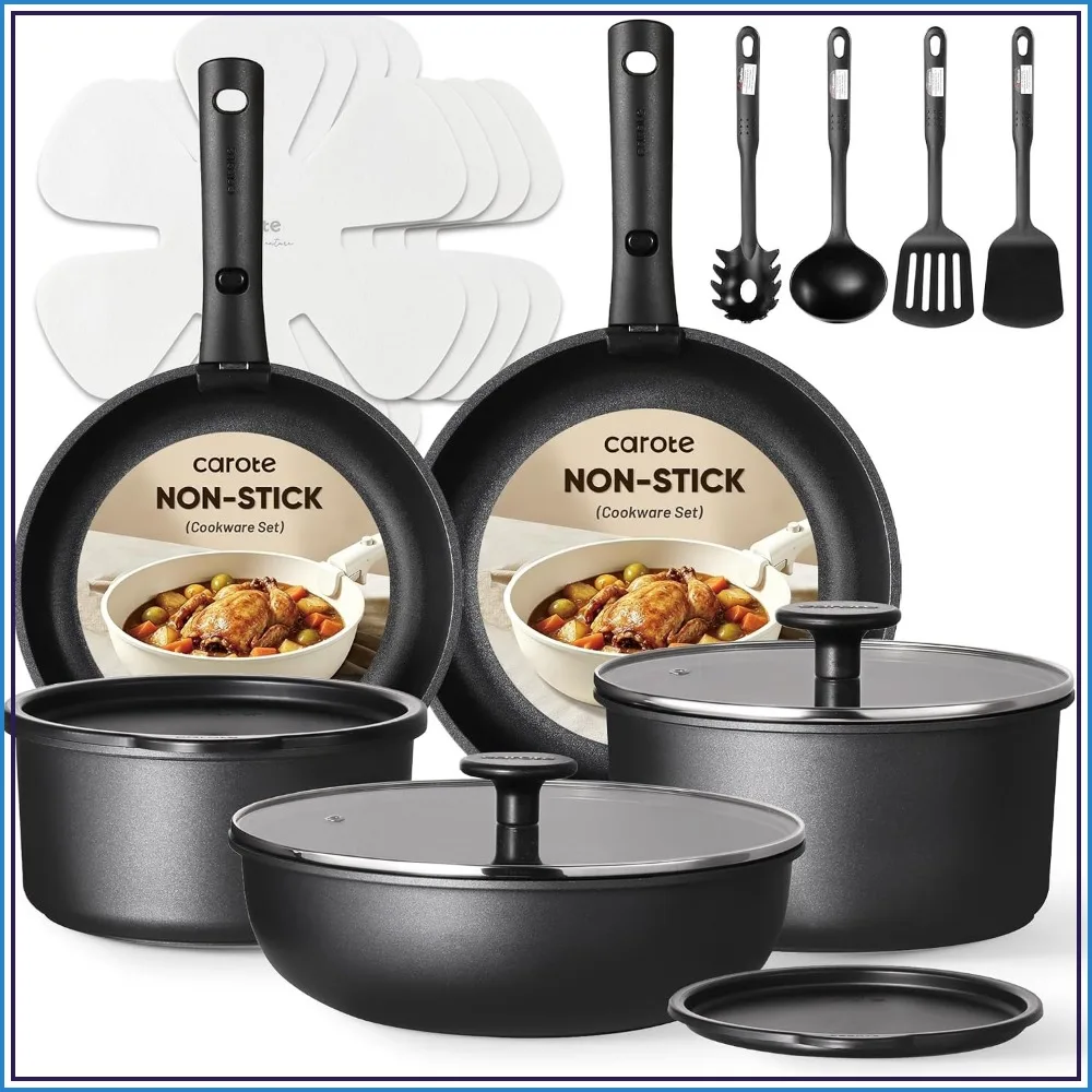 

19pc Nonstick Pots & Pans Set with Detachable Handles, Space-Saving Cookware for Induction, Oven Safe, Black