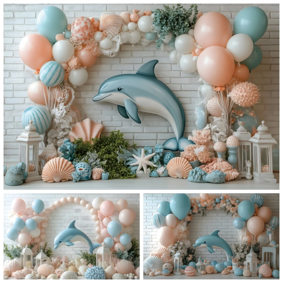 

Newborn Baby 1st Birthday Party Backdrop Photography White Brick Wall Arch Balloons Ocean Theme Dolphin Kids Portrait Background