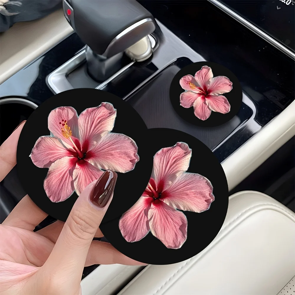8/4-piece set of pink hibiscus flower pattern car cup mats, non-slip, durable, easy to clean, cup holder decoration | Perfect gifts for friends, loved ones, and elders for Father's Day, Mother's Day, and other holidays