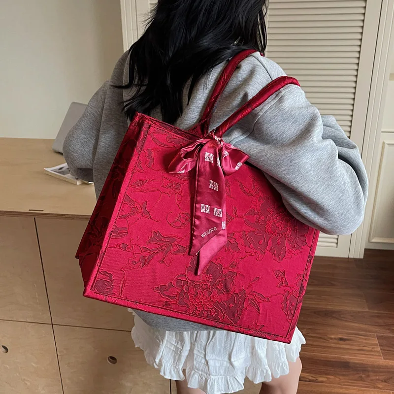 

Embroidery Tote Bag Large Bag Premium Sense Red Wedding Engagement Bag Bridal Bag Women Daily Available