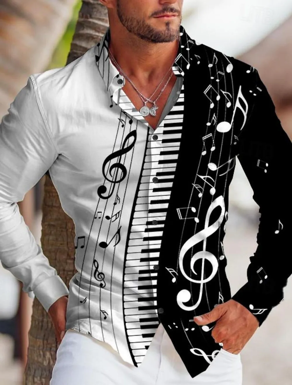 Camisa de manga larga para hombre con cuello vuelto y botones, estampado de notas musicales de piano, atuendo casual para fiesta.