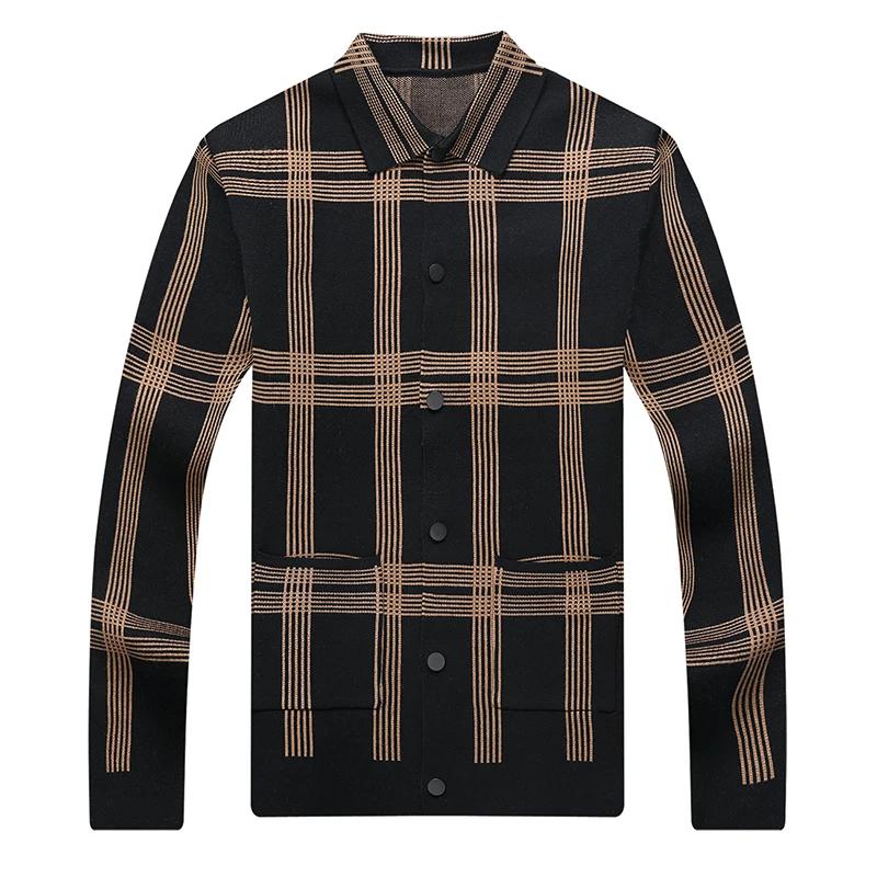 

Craftsmanship Quality Men's Knitted Cardigan Pocket Plaid Print Lapel Long Sleeve Coat Autumn Versatile Commuting Trend Menswear