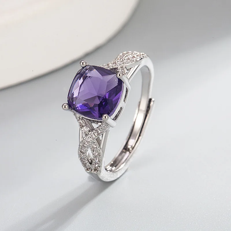 

2026 Elegant Square Deep Imitation Amethyst Ring Platinum Plated Simple Resizable Open Color Gemstone Finger Ring For Women Gift