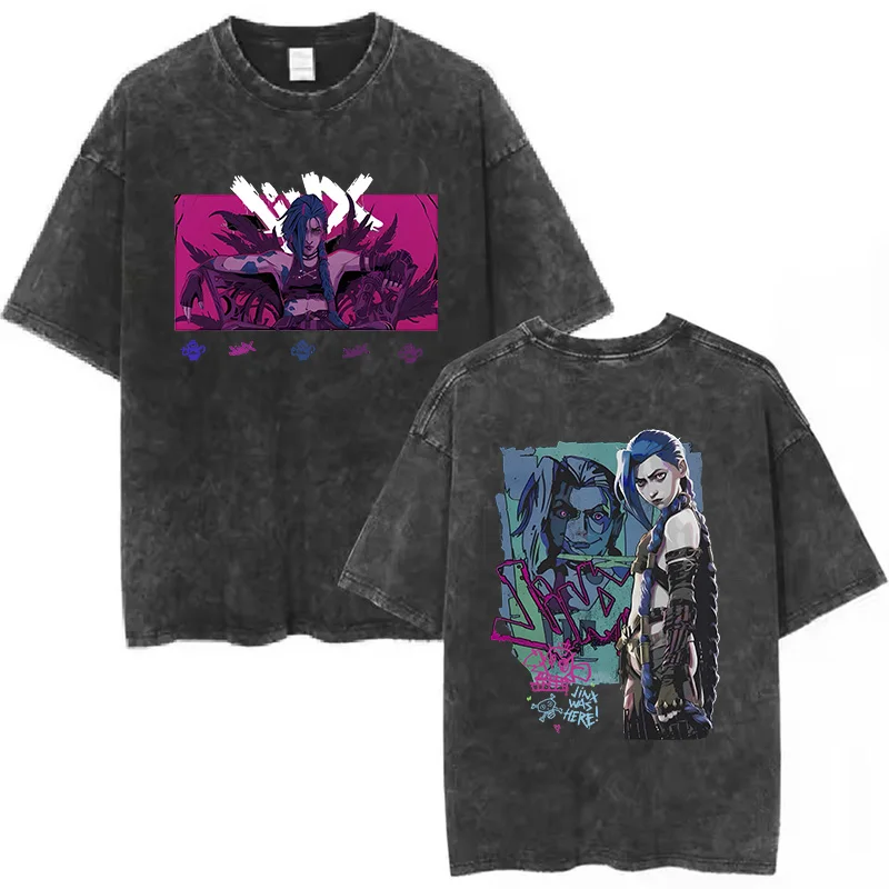 

Unisex Arcane Jinx Game Fans Lover Gifts Washed Shirt Harajuku T-Shirt for Men Women Short Sleeve High Quality Cotton Tees