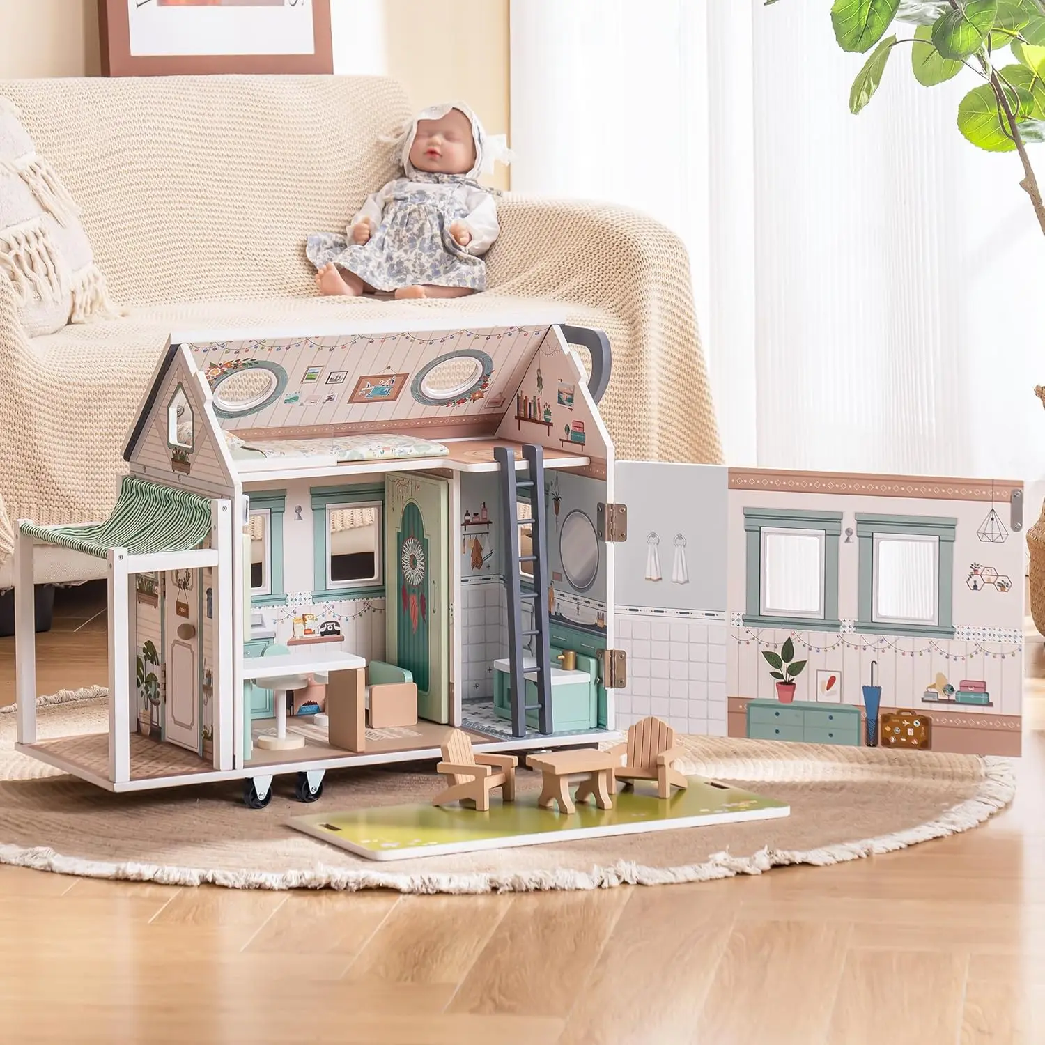 Robud Puppenhaus aus Holz mit Rädern, Rollenspiel-Wohnmobil-Set, Puppenhaus, beweglich mit 10 + Möbelzubehör, Geschenk für Kinder