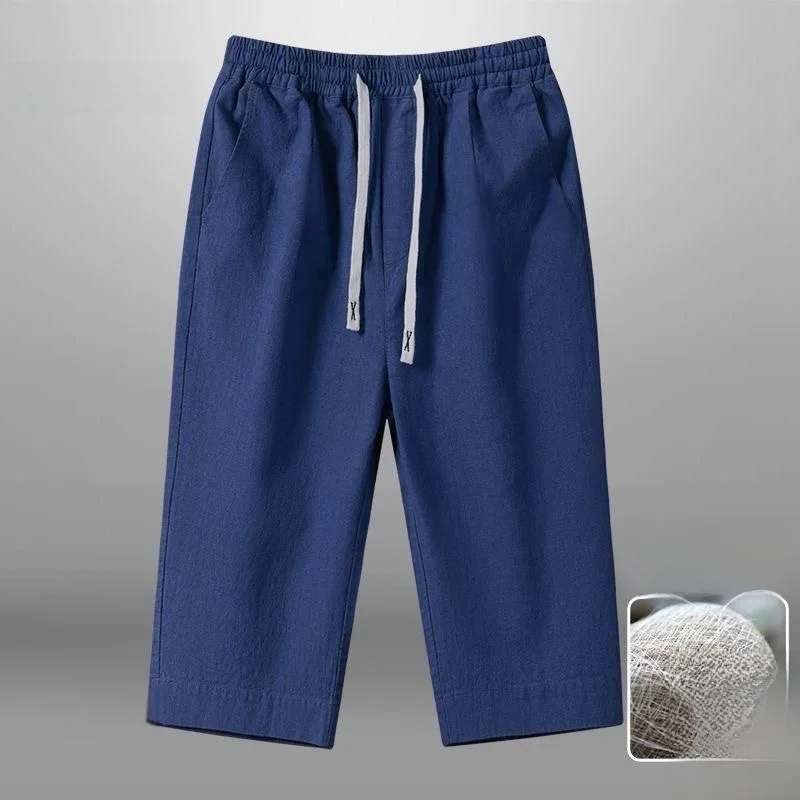 

Blue Linen Men's Casual Pants Thin Cotton Linen Loose Over-Knee Breathable 7-Length Summer Autumn Straight Leg Elastic Waist