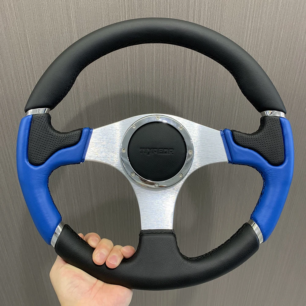 

Tiypeor Car Steering Wheel Black Leather Patchwork Steering Wheel 350mm Flat Bracket Racing Steering Wheel