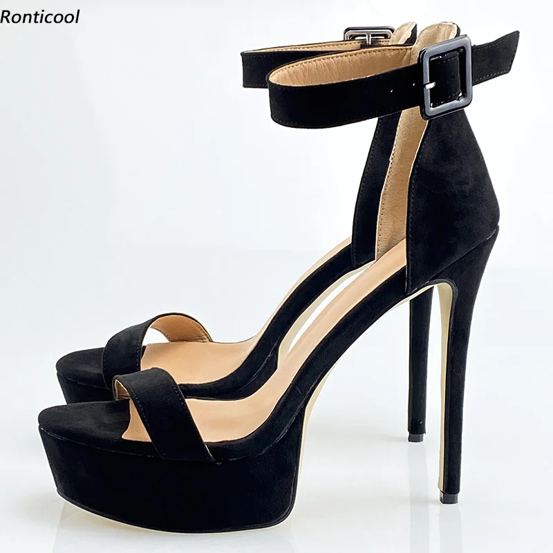 

Ronticool Women Summer Platform Sandals Faux Suede Buckle Sexy Stiletto Heels Open Toe Elegant Black Party Shoes US Size 5-20