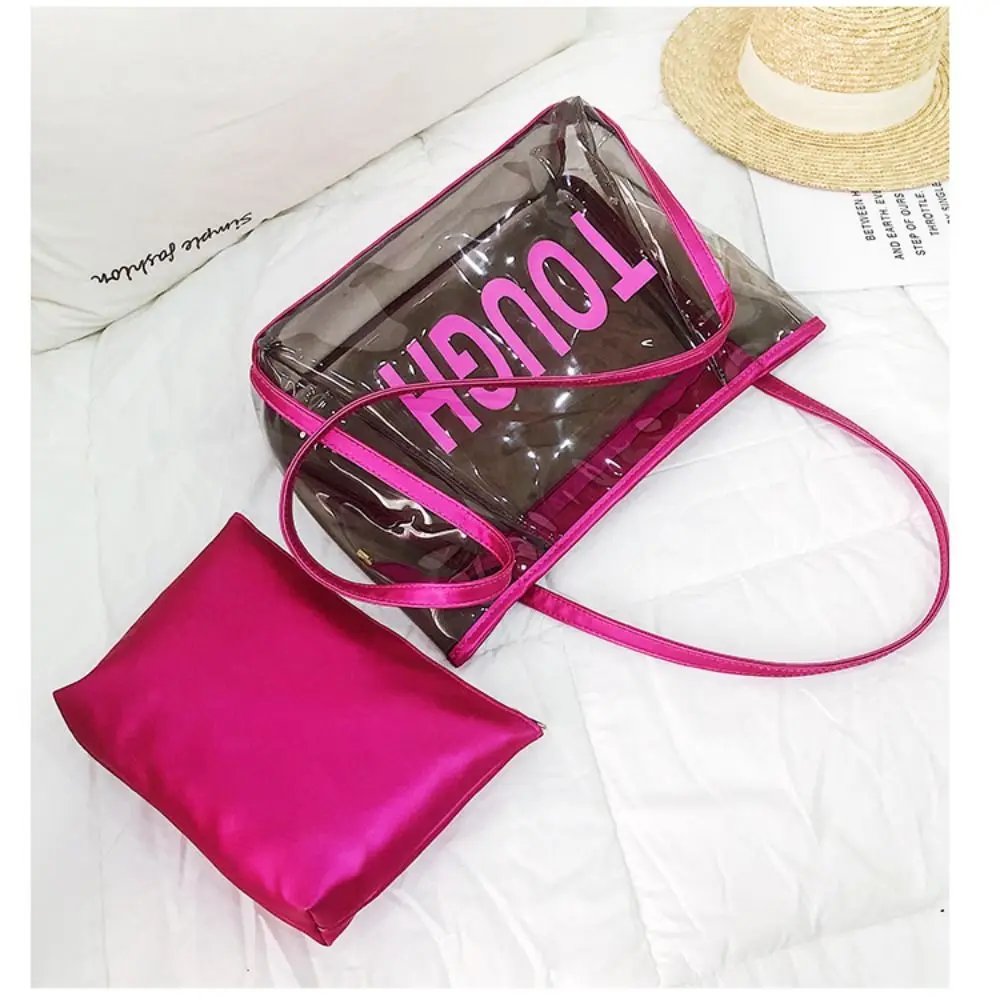 

Fashion PVC Summer Beach Bag Solid Color with Makeup Bag Women Shoulder Bag Zipper Large Capacity Transparent Jelly Bag