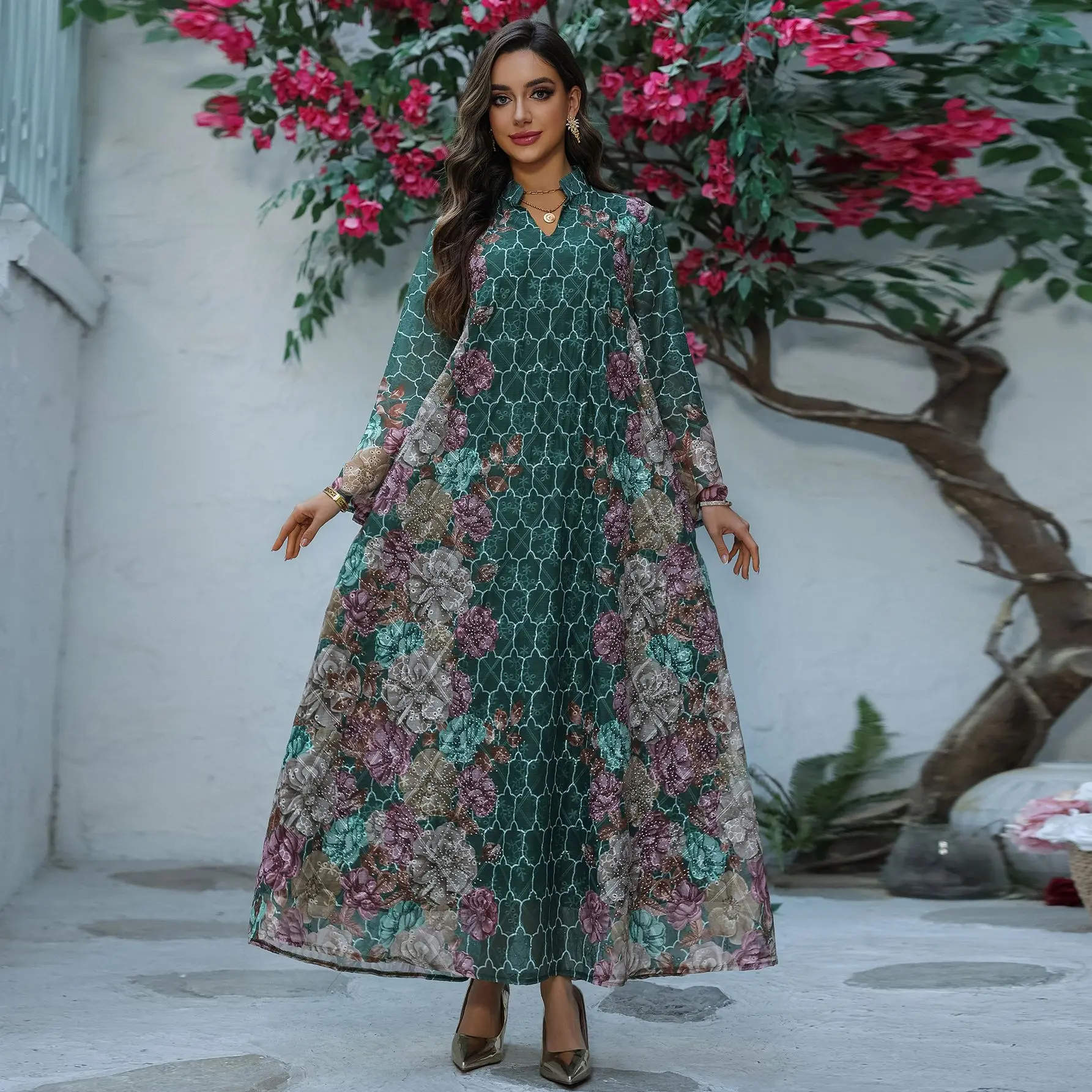 ตะวันออกกลางมุสลิมแฟชั่นใหม่ผู้หญิงพิมพ์ลำลองอินเทรนด์ V คอแขนยาวสง่างามอาบายาหญิงเสื้อผ้าชุดจาลับบียะฮ์