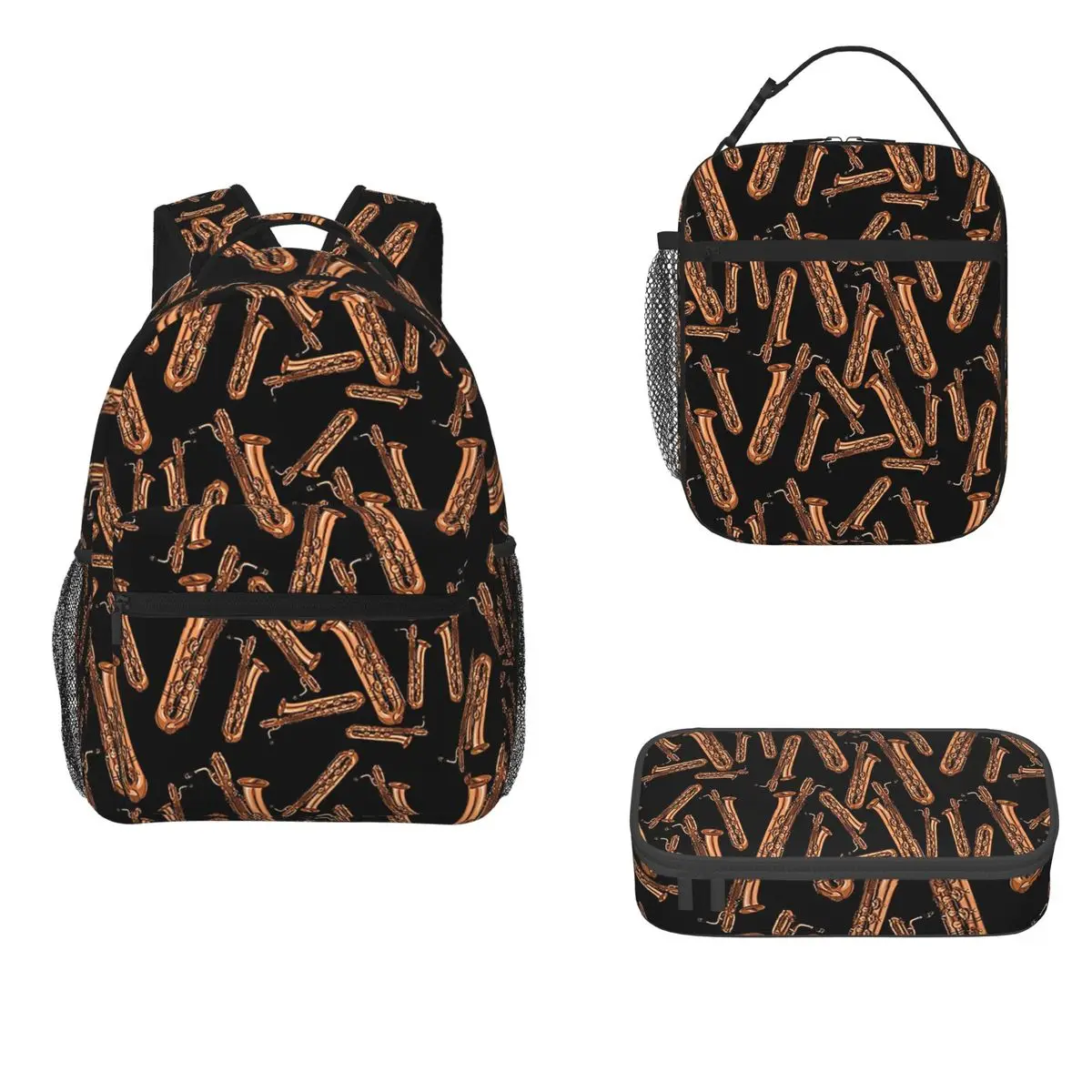 Baritone Saxophone Pattern Black Backpacks Boys Girls Bookbag School Bags Cartoon Rucksack Lunch Bag Pen Bag Three-Piece Set