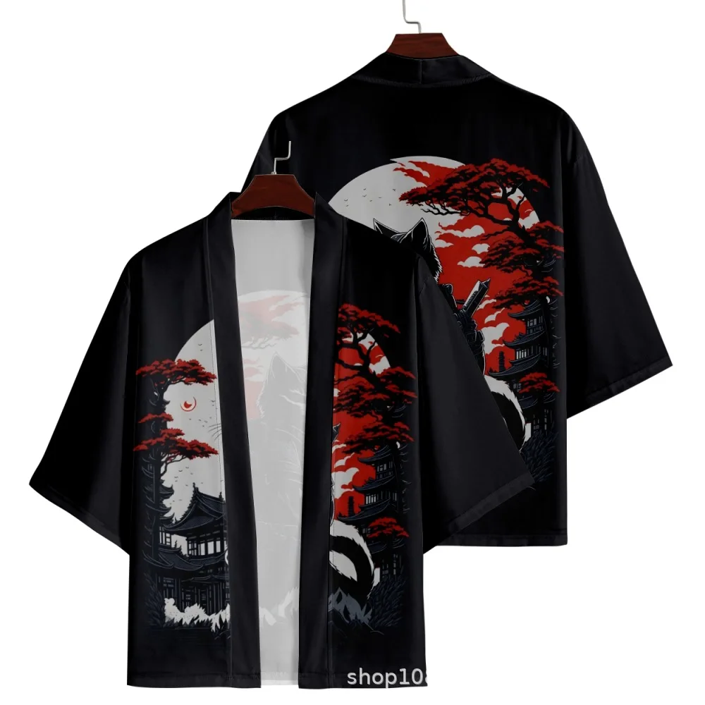 

Black Streetwear Men Women Cardigan Cosplay Haori Yukata Harajuku Tops Cat Samurai Print Beach Japanese Anime Kimono Plus Size