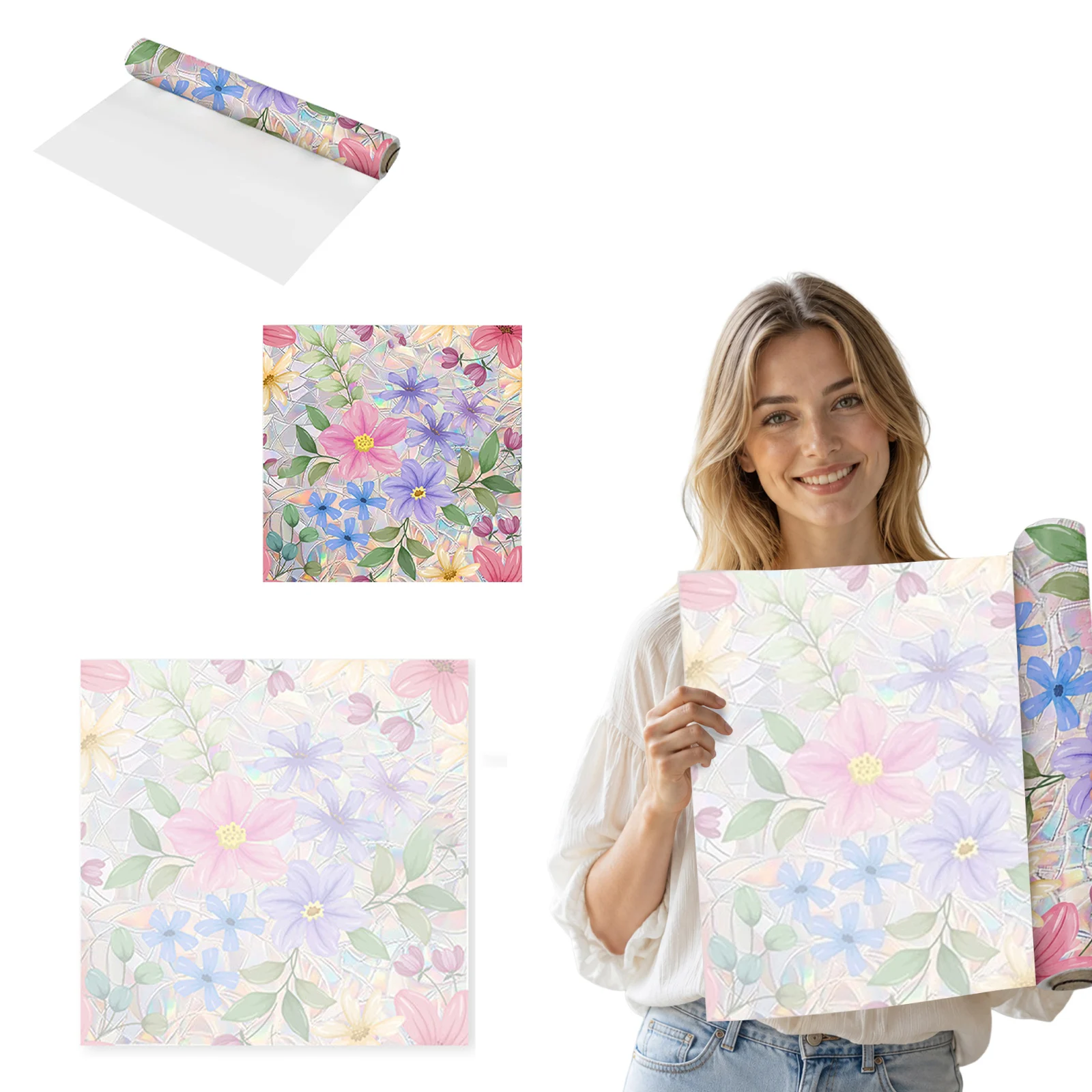 Floral Printed Wall Sticker Colorful Flower Rainbow Sunlight Static Cling Window Decal Home DIY Wallpaper Room Background Decor