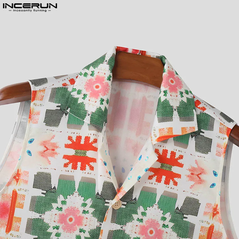 INCERUN Men Shirt Printing Lapel Sleeveless Button Summer Casual Men Clothing Streetwear 2024 Vintage Leisure Male Shirts S-5XL