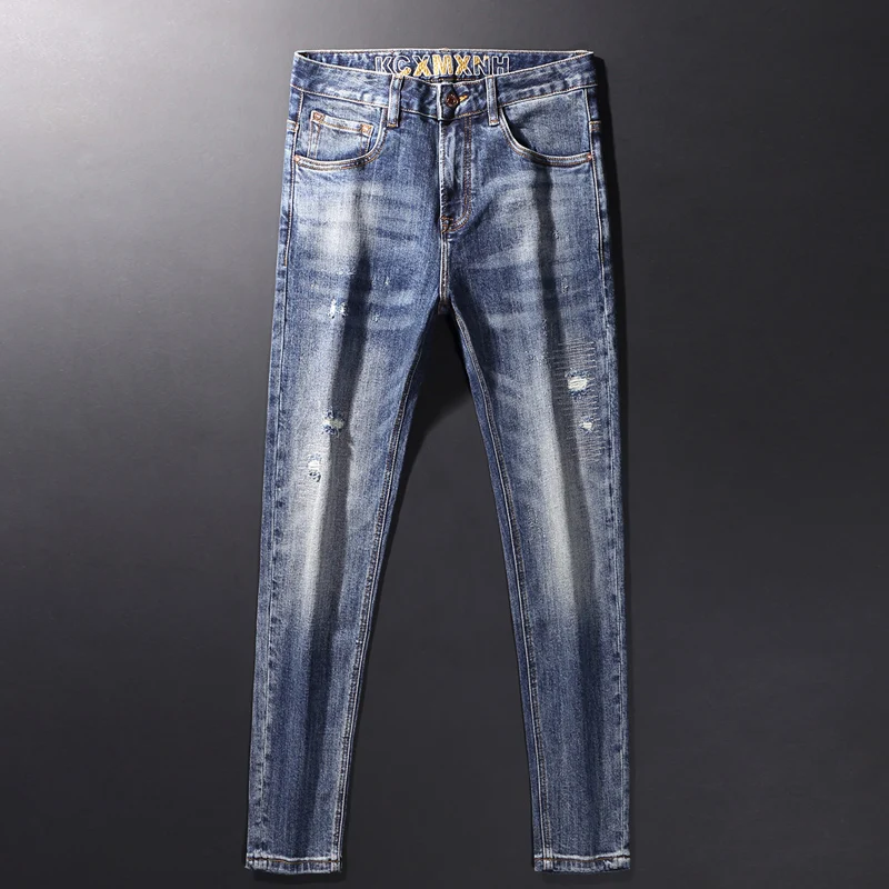 Men's Retro Light Blue Jeans Y2K Fashion Tight Fit Elastic Hip-Hop Bicycle Pants Designer Style Home Brand