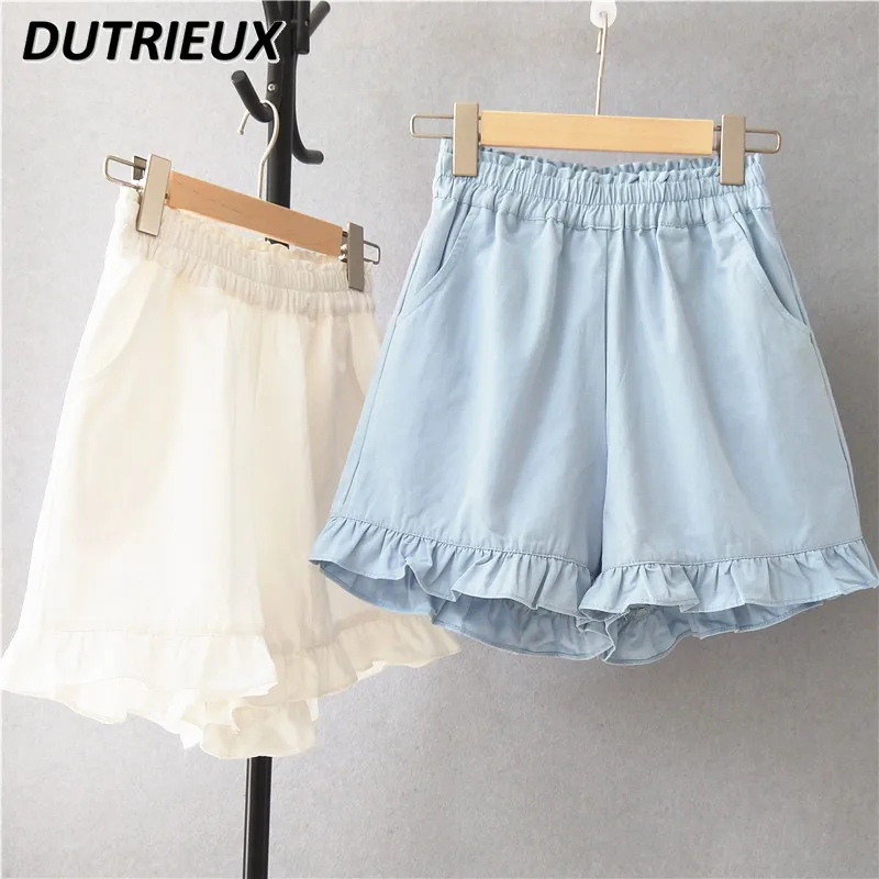 Short en coton et lin pour femme, taille élastique à volants, short Lolita Amincissant, pantalon de sport décontracté pour étudiants, été, nouveau, 2024