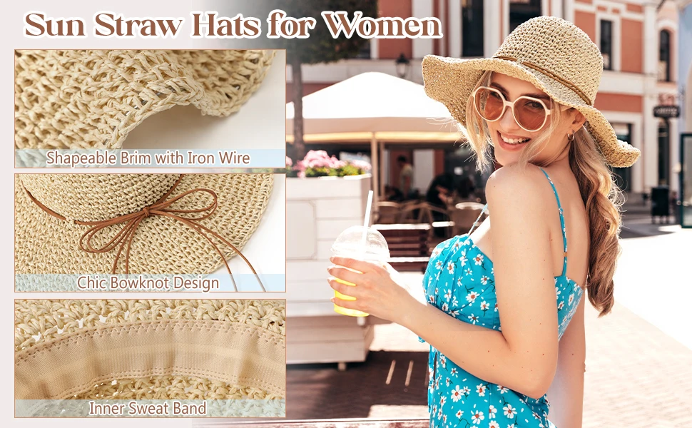 sun hats straw beach hats for women packable foldable UPF50+ sun protection wide brim adjustable