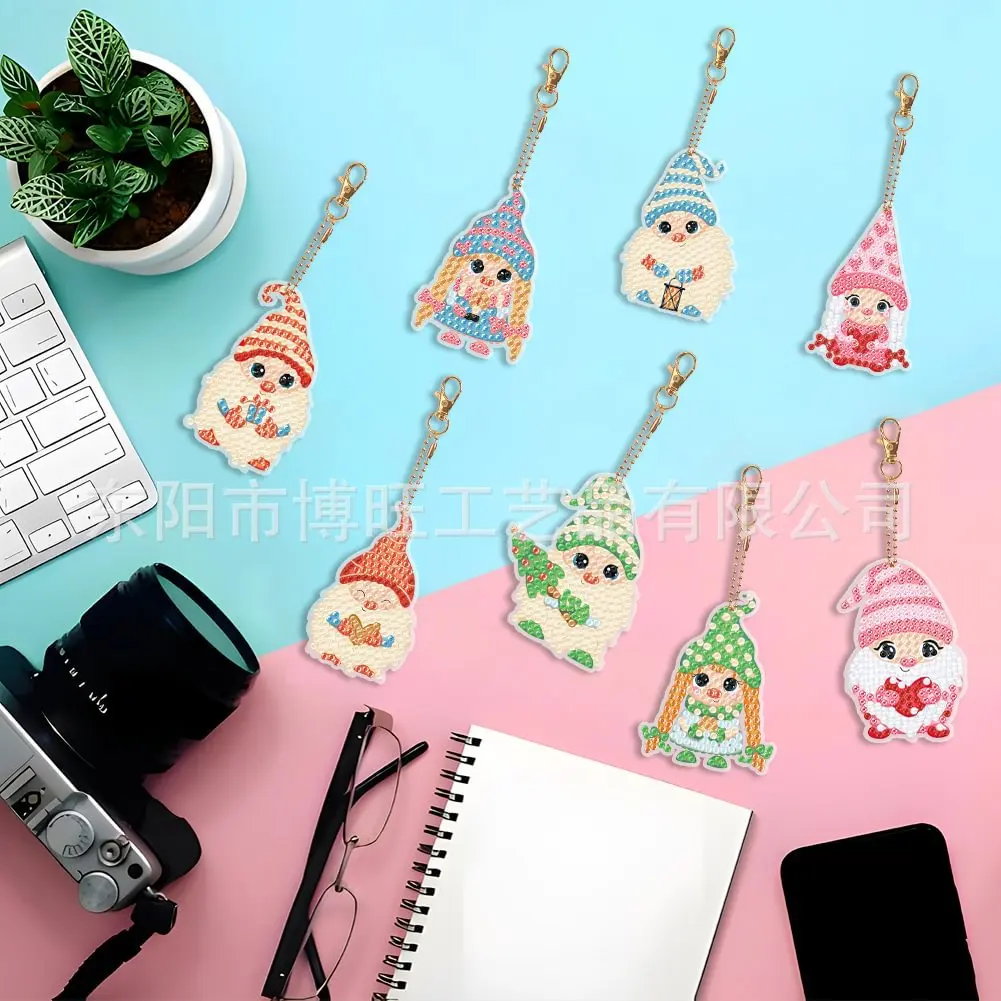 Handmade8-piece Diamond Art Keychain Set Nordic Faceless Dwarf Goblin Cartoon Diamond Keychain Double-sided Ladies Bag Pendant