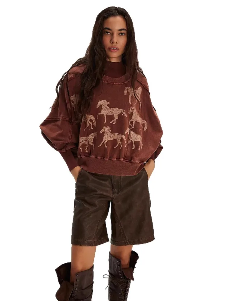 

Woman's Elegance O-neck Pullover Autumn Fashion Color Matching Floral Printed Long-sleeved Sweatshirt Autumn Lady Street Hoodie