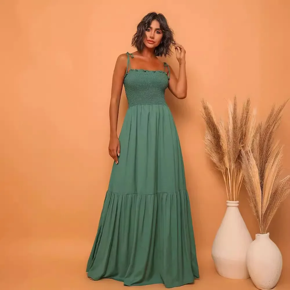 2025 Spring Summer Dresses For Women Beach Dresses Casual Holiday Smoke Long Dress Green Top Strap Waist Long Dress