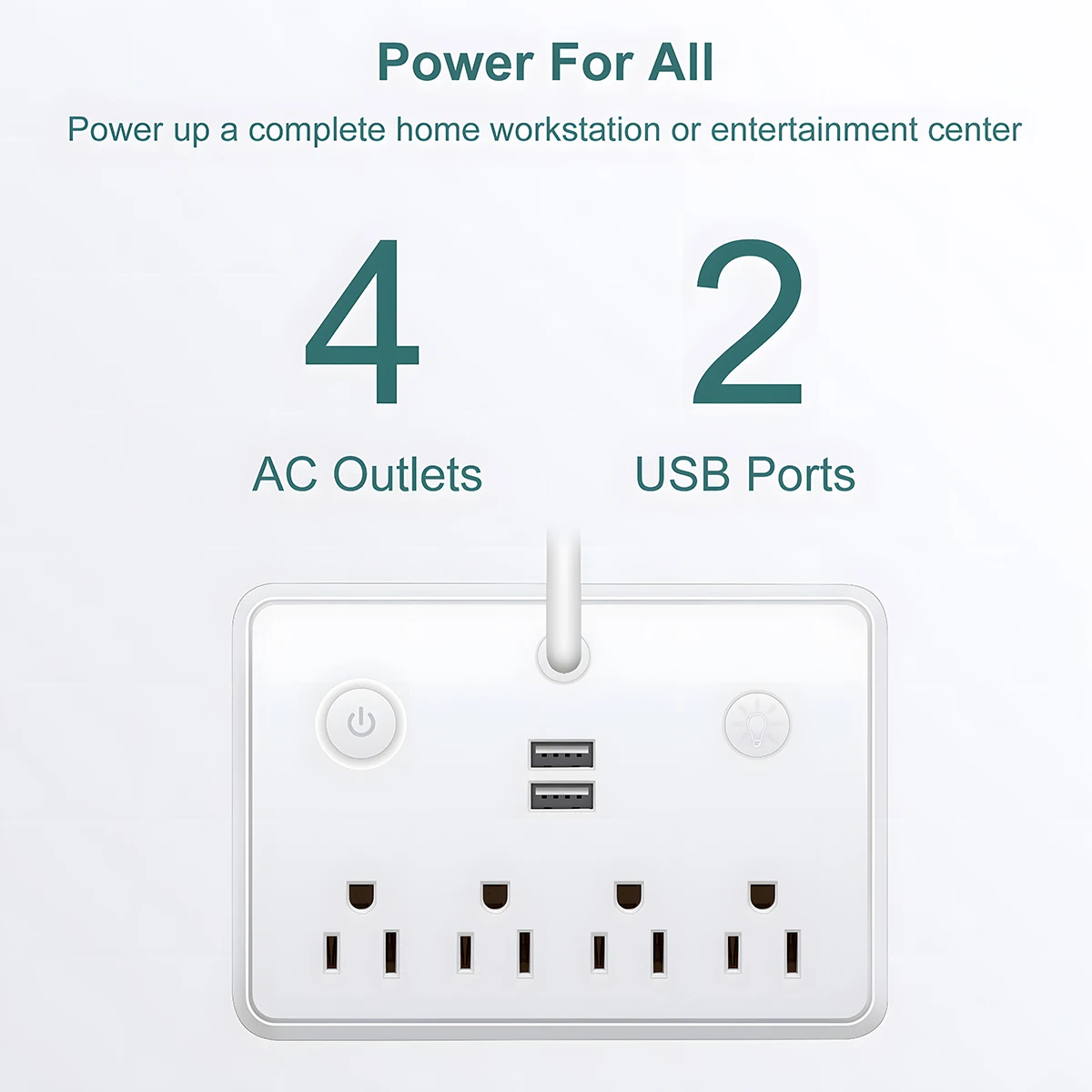 US Plug Power Strip 4 Position Outlets with 2 USB Charging Ports 3.94 FT Extension Cord and Table Lamp Electrical Sockets
