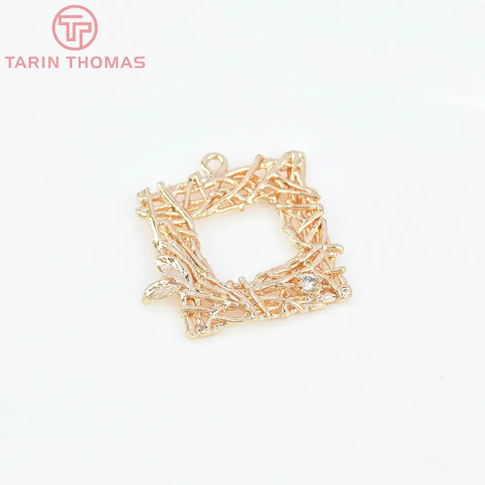 (943)6PCS 22x22MM 24K Champagne Gold Color Brass Square Leaves Branches Charms Pendants High Quality Diy Jewelry Accessories