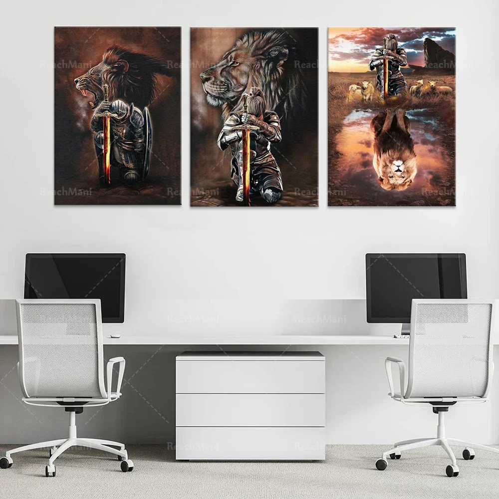 Faith apostle prayer canvas poster, god praying warrior, jesus and lion, christian gift, home decor